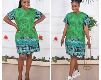 African Print Dress With Pockets, Green Evening Knee Length Short Sleeve Summer Shift Casual Dress, Ankara Dress, Women's Dresses