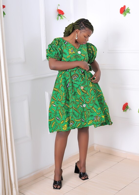 African Print Dress Green Yellow Evening Summer Knee Length Short