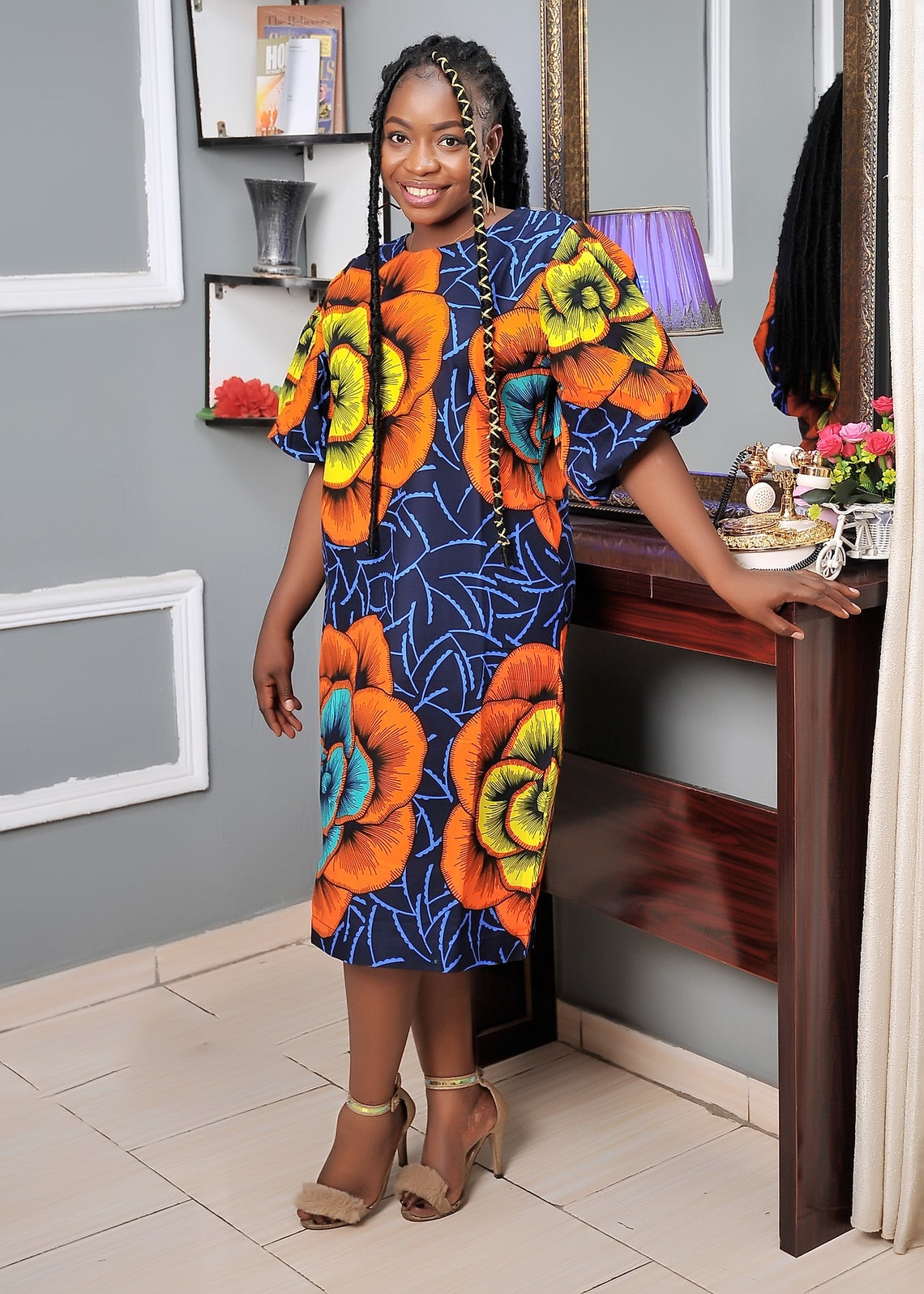 Midi Blue and Orange African Ankara Formal Below the Knee - Etsy