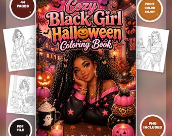 Cozy Black Girl Halloween Coloring Book, Teen Adult Printable (PDF PNG)