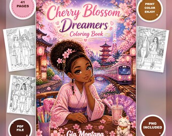 Black Women Anime Coloring Pages, Cherry Blossom Portraits for Adults and Teens, Printable PDF and PNG