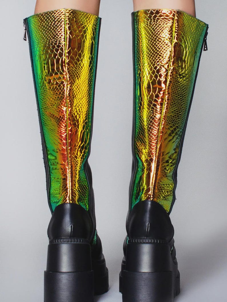 Womens Platform Boots Chunky Goth Combat Boots Iridescent Python Knee High Festival Shoes image 8