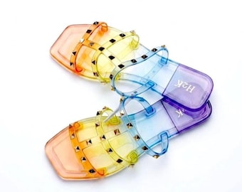 Rainbow Jelly Slides with Gold Studs Whimsical Waterproof Festival and Pool Sandals