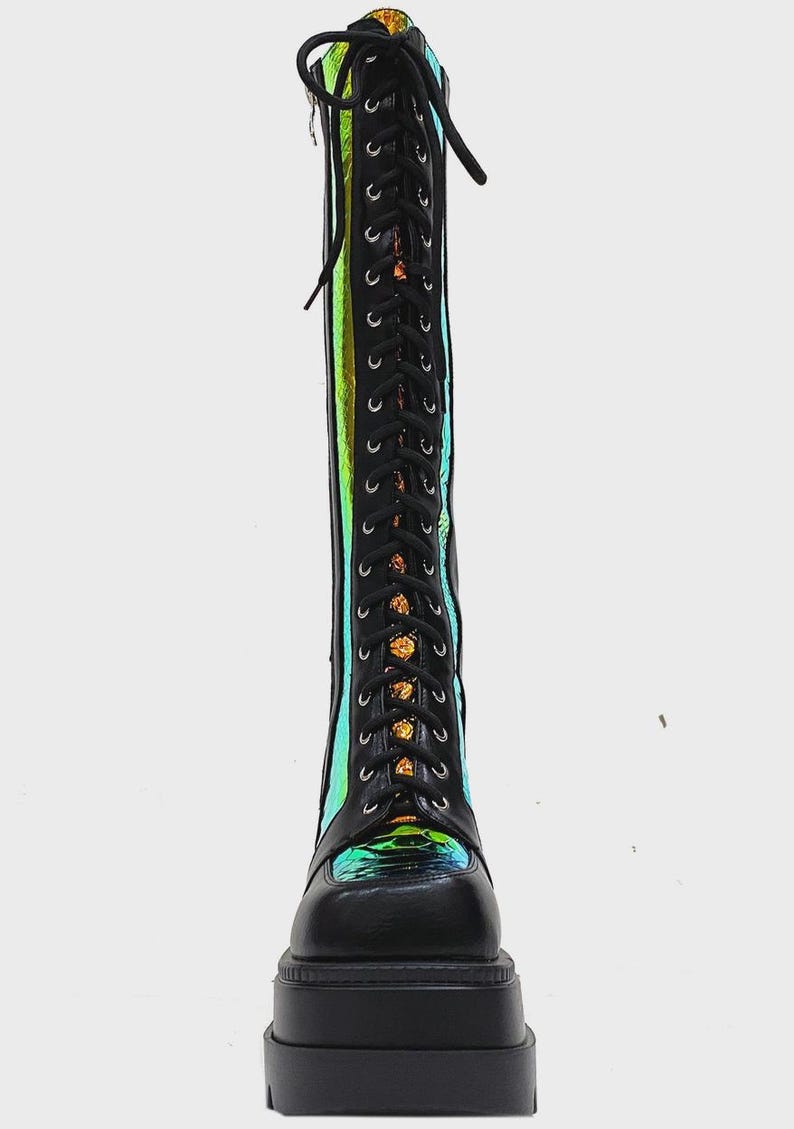Womens Platform Boots Chunky Goth Combat Boots Iridescent Python Knee High Festival Shoes image 6