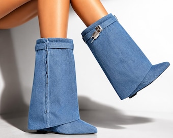 Denim Boots Blue Berness for Women Pointed Toe Boots For Cowboy Festival Fashion Avant Garde Statement Shoes