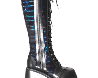 Knee-High Platform Combat Boots – Black Hologram Cyber Goth Festival Shoes