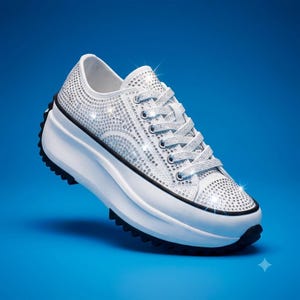 May include: A white low-top sneaker featuring an all-over rhinestone embellishment on the upper and matching glittery laces. The shoe has a thick, chunky white platform midsole and a black jagged rubber outsole, creating a bold silhouette.