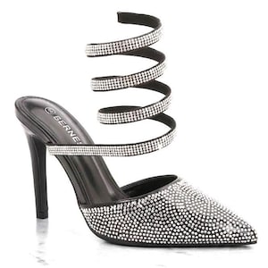 Black Rhinestone Spiral Heels – Date Night Shoes, Wedding Guest, Womens Ankle Wrap Stiletto Pumps, Slip On Mules, Elegant Womens Footwear