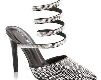Rhinestone Spiral Heels – Crystal Ankle Wrap Stiletto Pumps, Black Glitter Party Shoes