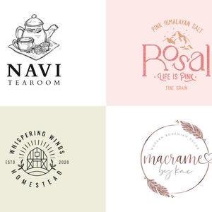 Puede incluir: Cuatro logotipos sobre un fondo blanco y beige. Los logotipos incluyen una tetera y una taza de t&eacute;, el texto "NAVI TEAROOM", un logotipo rosa con el texto "Rosal", un logotipo de granja y un logotipo de macram&eacute;.
