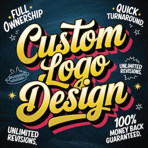 May include: A colorful graphic design for custom logo design services. The text reads "Custom Logo Design" with the words "Full Ownership", "Quick Turnaround", "Unlimited Revisions", and "100% Money Back Guaranteed" in smaller text around the main text.