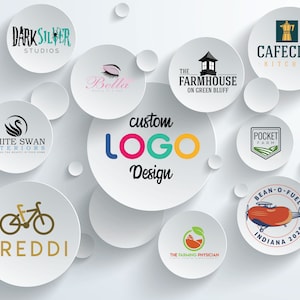 Puede incluir: Una colección de logotipos coloridos para varios negocios, incluyendo una cafetería, una granja, una tienda de bicicletas, un salón de belleza y una empresa de decoración de interiores. Los logotipos se muestran en círculos blancos con un fondo blanco.