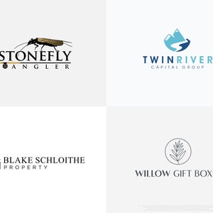 Puede incluir: Cuatro logotipos sobre un fondo blanco. El logotipo superior izquierdo presenta un insecto detallado con el texto "STONEFLY ANGLER". El logotipo superior derecho muestra una monta&ntilde;a y un r&iacute;o con el texto "TWIN RIVER CAPITAL GROUP". El logotipo inferior izquierdo muestra un dise&ntilde;o de edificio con el texto "BLAKE SCHLOITHE PROPERTY". El logotipo inferior derecho muestra un dise&ntilde;o de hoja con el texto "WILLOW GIFT BOXES".