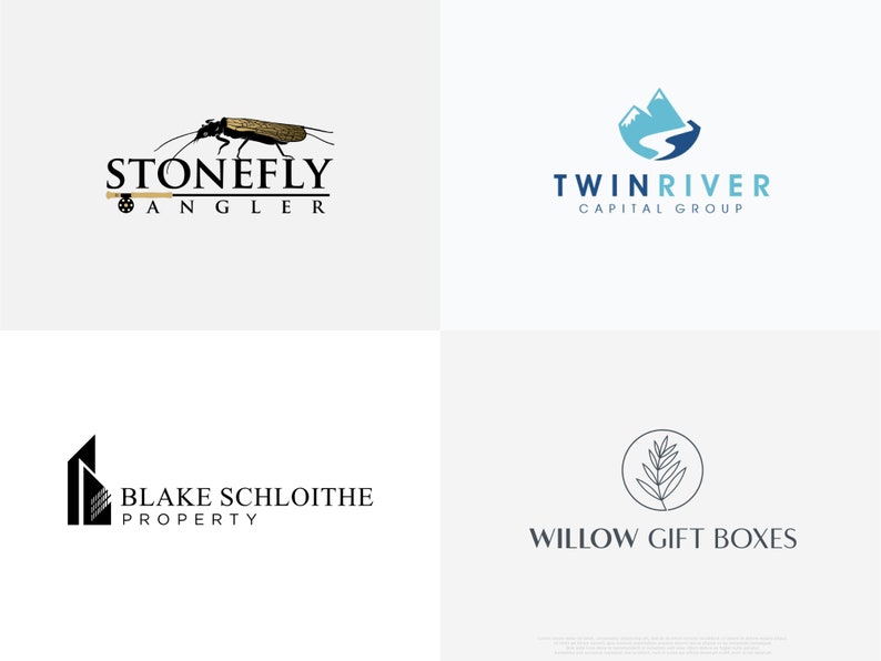 Puede incluir: Cuatro logotipos sobre un fondo blanco. El logotipo superior izquierdo presenta un insecto detallado con el texto "STONEFLY ANGLER". El logotipo superior derecho muestra una monta&ntilde;a y un r&iacute;o con el texto "TWIN RIVER CAPITAL GROUP". El logotipo inferior izquierdo muestra un dise&ntilde;o de edificio con el texto "BLAKE SCHLOITHE PROPERTY". El logotipo inferior derecho muestra un dise&ntilde;o de hoja con el texto "WILLOW GIFT BOXES".