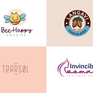 Puede incluir: Cuatro logotipos sobre un fondo melocot&oacute;n claro. Los logotipos incluyen una abeja sonriente con el texto "Bee Happy Cookies", un logotipo de chocolate con el texto "Langavi Chocolates", un logotipo con el texto "Terrsol" y un logotipo con el texto "Invincible Woman".