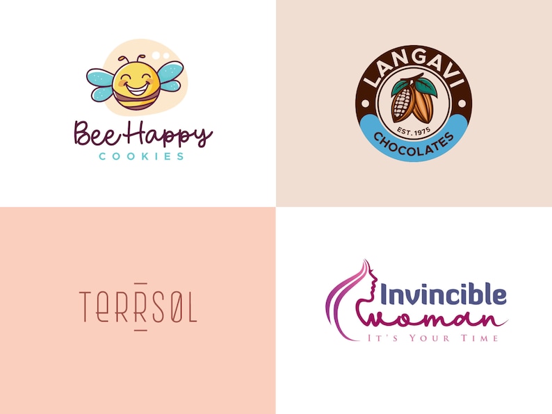 Puede incluir: Cuatro logotipos sobre un fondo melocot&oacute;n claro. Los logotipos incluyen una abeja sonriente con el texto "Bee Happy Cookies", un logotipo de chocolate con el texto "Langavi Chocolates", un logotipo con el texto "Terrsol" y un logotipo con el texto "Invincible Woman".