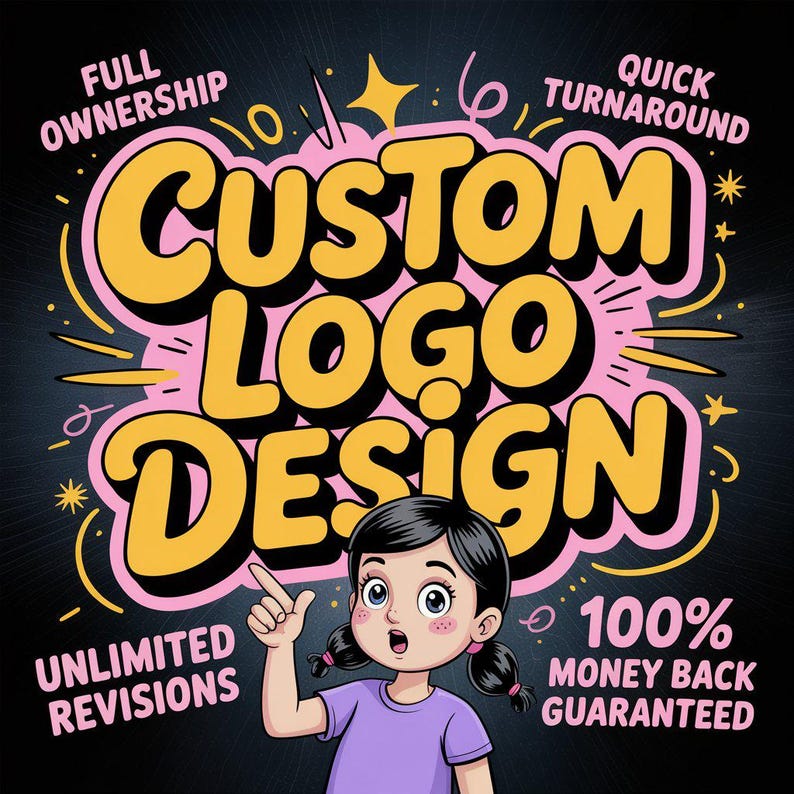 Puede incluir: Ilustraci&oacute;n de dibujos animados que promociona servicios de dise&ntilde;o de logotipos personalizados. El dise&ntilde;o presenta el texto "CUSTOM LOGO DESIGN" en letras de burbujas amarillas con contorno rosa, con texto adicional que incluye "FULL OWNERSHIP", "QUICK TURNAROUND", "UNLIMITED REVISIONS" y "100% MONEY BACK GUARANTEED."