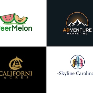 Puede incluir: Se muestran cuatro logotipos. El logotipo superior izquierdo presenta rodajas de sand&iacute;a sonrientes con el texto "PeerMelon". El logotipo superior derecho muestra una cordillera con el texto "ADVENTURE MARKETING". El logotipo inferior izquierdo tiene el texto "CALIFORNI ACRES". El logotipo inferior derecho tiene el texto "-Skyline Carolinas-".