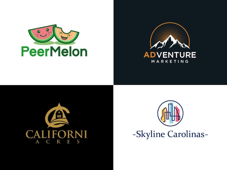 Puede incluir: Se muestran cuatro logotipos. El logotipo superior izquierdo presenta rodajas de sand&iacute;a sonrientes con el texto "PeerMelon". El logotipo superior derecho muestra una cordillera con el texto "ADVENTURE MARKETING". El logotipo inferior izquierdo tiene el texto "CALIFORNI ACRES". El logotipo inferior derecho tiene el texto "-Skyline Carolinas-".