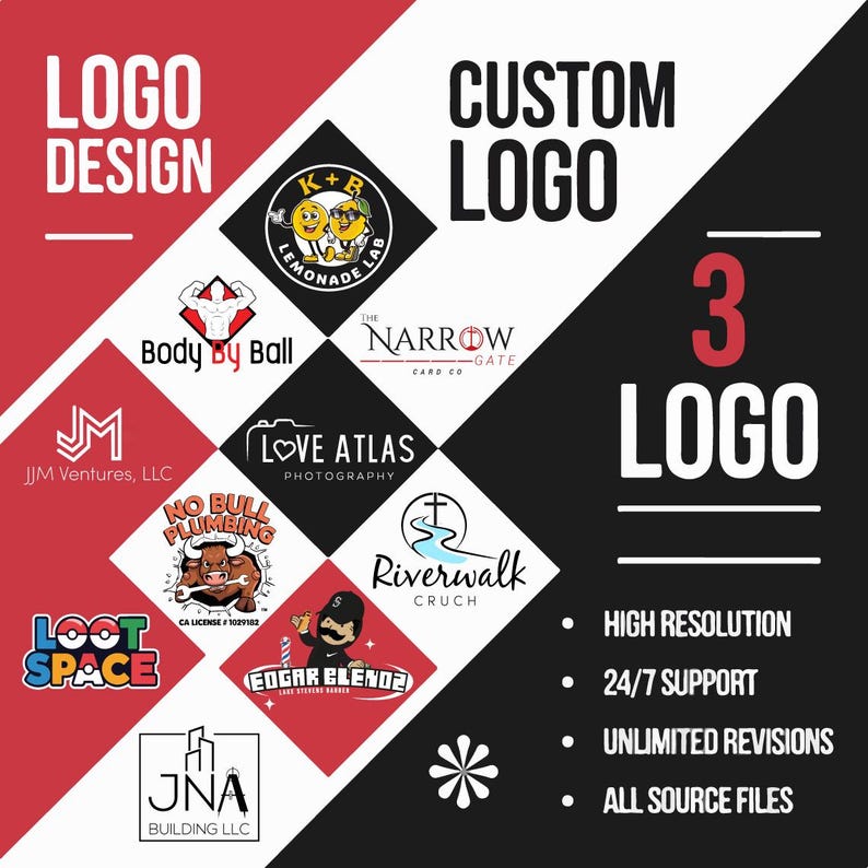 May include: A black and white graphic with red accents showing a variety of logos for different businesses. The text "CUSTOM LOGO" and "3 LOGO" are featured in the graphic. The graphic also includes the text "HIGH RESOLUTION", "24/7 SUPPORT", "UNLIMITED REVISIONS", and "ALL SOURCE FILES".