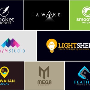Puede incluir: Colecci&oacute;n de logotipos con varios dise&ntilde;os. Incluye un cohete con el texto "Rocket Shooter", un tri&aacute;ngulo con el texto "i AWAKE", un logotipo verde con el texto "smoothie recipes", un logotipo de monta&ntilde;a colorido con el texto "ray MStudio", una bombilla con una oveja y el texto "LIGHTSHEEP", un pin de ubicaci&oacute;n amarillo con el texto "HAWAIIAN LOCAL", un logotipo "M" marr&oacute;n con el texto "MEGA PROPERTY" y un logotipo de pluma azul con el texto "FEATHER PROPERTIES".
