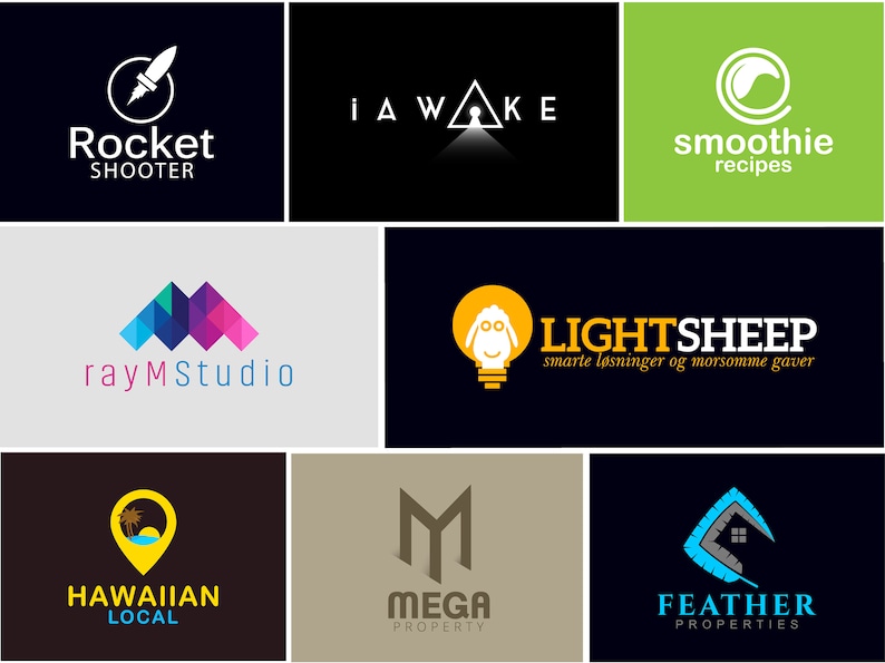 Puede incluir: Colecci&oacute;n de logotipos con varios dise&ntilde;os. Incluye un cohete con el texto "Rocket Shooter", un tri&aacute;ngulo con el texto "i AWAKE", un logotipo verde con el texto "smoothie recipes", un logotipo de monta&ntilde;a colorido con el texto "ray MStudio", una bombilla con una oveja y el texto "LIGHTSHEEP", un pin de ubicaci&oacute;n amarillo con el texto "HAWAIIAN LOCAL", un logotipo "M" marr&oacute;n con el texto "MEGA PROPERTY" y un logotipo de pluma azul con el texto "FEATHER PROPERTIES".
