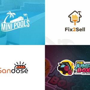 Puede incluir: Cuatro logotipos sobre un fondo blanco. El logotipo superior izquierdo dice "MINI POOLS" con una palmera y un gr&aacute;fico de piscina. El logotipo superior derecho dice "Fix2Sell" con una casa y un gr&aacute;fico de pincel. El logotipo inferior izquierdo dice "Sandos&eacute;" con un gr&aacute;fico de pan. El logotipo inferior derecho dice "THE JUMP BOX - Just Send It!" con un gr&aacute;fico de cerdo.