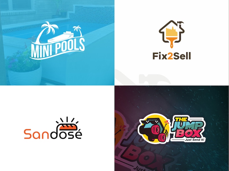 Puede incluir: Cuatro logotipos sobre un fondo blanco. El logotipo superior izquierdo dice "MINI POOLS" con una palmera y un gr&aacute;fico de piscina. El logotipo superior derecho dice "Fix2Sell" con una casa y un gr&aacute;fico de pincel. El logotipo inferior izquierdo dice "Sandos&eacute;" con un gr&aacute;fico de pan. El logotipo inferior derecho dice "THE JUMP BOX - Just Send It!" con un gr&aacute;fico de cerdo.