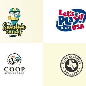 Puede incluir: Cuatro logotipos sobre un fondo crema. Los logotipos incluyen "The Swedish Candy Shop" con una magdalena llena de caramelos y un paraca&iacute;das, "Let's Play USA" con estrellas y un coraz&oacute;n, un gallo con "COOP Kitchen + Bar" y "Texas Basement Builders" con un contorno de Texas.