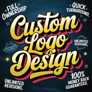 Puede incluir: Un diseño gráfico colorido para servicios de diseño de logotipos personalizados. El texto dice "Custom Logo Design" con las palabras "Full Ownership", "Quick Turnaround", "Unlimited Revisions" y "100% Money Back Guaranteed" en texto más pequeño alrededor del texto principal.