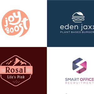 Puede incluir: Cuatro logotipos sobre un fondo blanco. Incluyen "joy boost" en un c&iacute;rculo melocot&oacute;n, "eden jaxx plant based burgers" con un icono de hamburguesa, "Rosal Life's Pink" con un gr&aacute;fico de monta&ntilde;a y "SMART OFFICE RECRUITMENT" con una "S" estilizada.