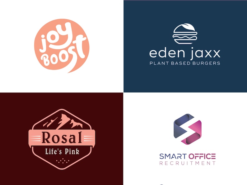 Puede incluir: Cuatro logotipos sobre un fondo blanco. Incluyen "joy boost" en un c&iacute;rculo melocot&oacute;n, "eden jaxx plant based burgers" con un icono de hamburguesa, "Rosal Life's Pink" con un gr&aacute;fico de monta&ntilde;a y "SMART OFFICE RECRUITMENT" con una "S" estilizada.