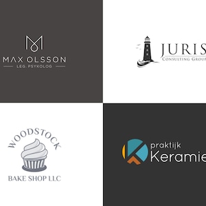 Puede incluir: Cuatro logotipos sobre un fondo gris oscuro. Los logotipos incluyen una "M" estilizada con el texto "MAX OLSSON LEG. PSYKOLOG", un faro con el texto "JURIS CONSULTING GROUP", una magdalena con el texto "WOODSTOCK BAKE SHOP LLC" y un logotipo con el texto "praktijk Keramiek".