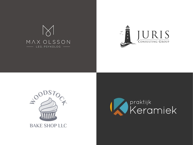 Puede incluir: Cuatro logotipos sobre un fondo gris oscuro. Los logotipos incluyen una "M" estilizada con el texto "MAX OLSSON LEG. PSYKOLOG", un faro con el texto "JURIS CONSULTING GROUP", una magdalena con el texto "WOODSTOCK BAKE SHOP LLC" y un logotipo con el texto "praktijk Keramiek".