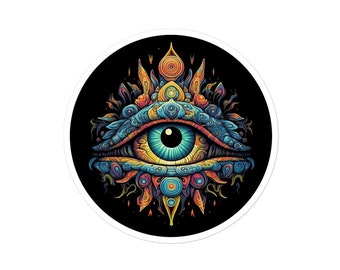 May include: A colorful, psychedelic eye with intricate details and a blue iris. The eye is surrounded by a mandala-like design with orange, yellow, red, and purple accents.