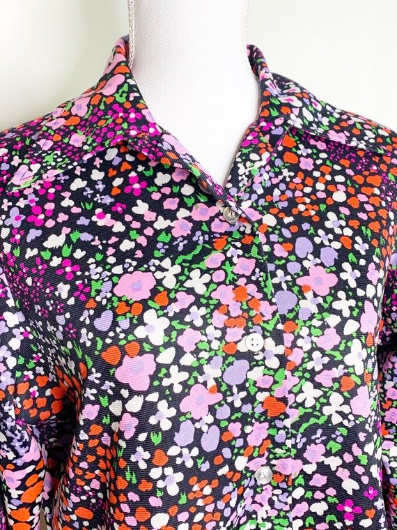 Vintage 1970s Floral Polyester Blouse - Large Coll