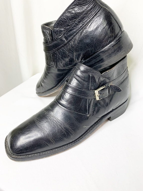 Vintage 1970s Mens Black Leather Ankle Boots With