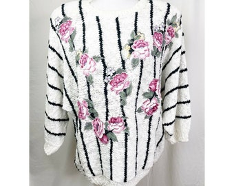Vintage 1980s Floral Appliqué Striped Sweater With Big Shoulder Pads