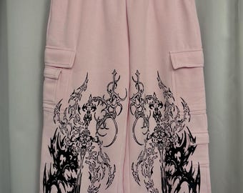 Pink Wide-Leg Sweatpants with Gothic Graphic Print