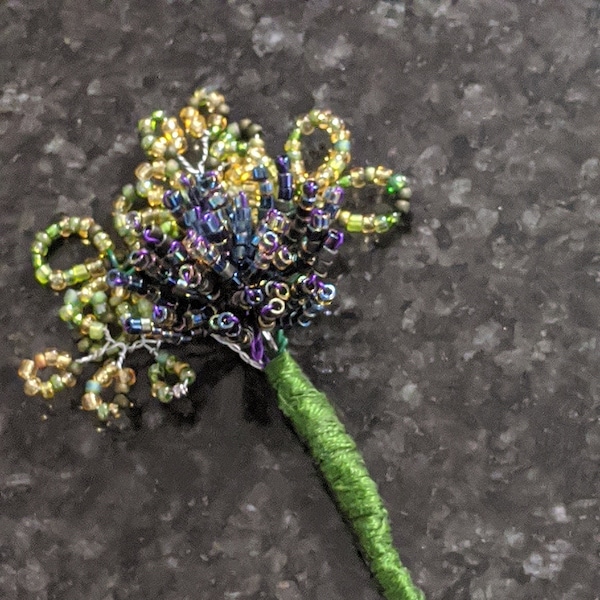 Globe Amaranth Boutonnière, French Beaded, Alternative Boutonnière, Blue Flowers