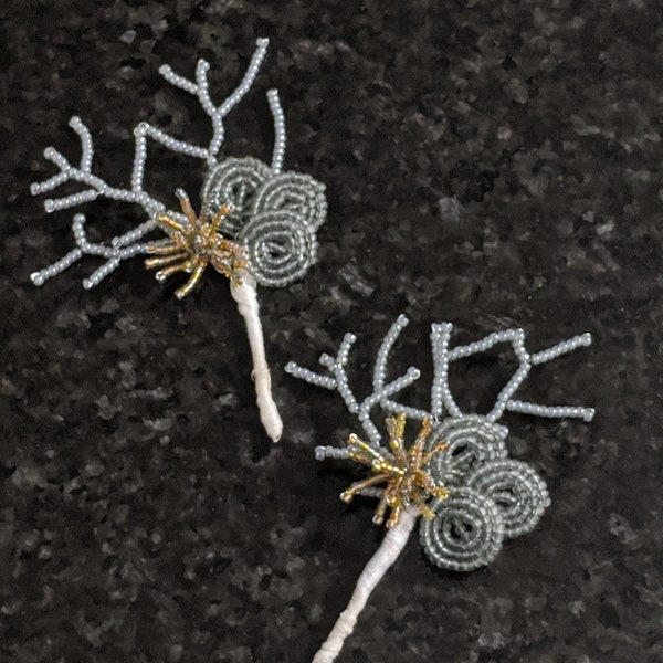 Metallic Boutonnière, French Beaded, Alternative Boutonnière Silver Dusty Pink