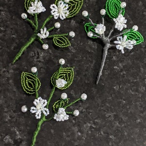French Beaded Baby's Breath Boutonnière: White Wedding Flowers