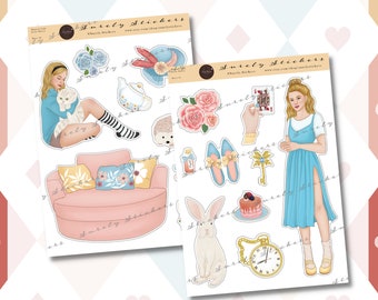May include: Two sticker sheets featuring Alice in Wonderland illustrations. One sheet shows Alice with a cat, a sofa, and other elements. The second sheet includes a white rabbit, a key, and a woman in a blue dress. The text "Alice in Wonderland" is at the bottom.