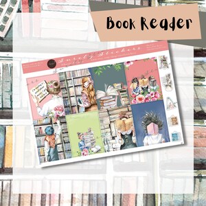 May include: A sticker sheet titled "Book Reader" with illustrations of women reading books in a library setting. The sheet includes decorative elements and functional icons. The text "Surely Stickers" and a website address are also visible.