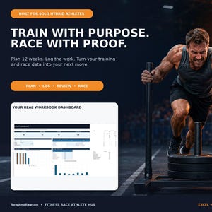 May include: A digital fitness workbook dashboard featuring charts and data tables, displayed alongside text that reads: BUILT FOR SOLO HYBRID ATHLETES, TRAIN WITH PURPOSE. RACE WITH PROOF. Plan 12 weeks. Log the work. Turn your training and race data into your next move. PLAN, LOG, REVIEW, RACE, YOUR REAL WORKBOOK DASHBOARD, RowAndReason, FITNESS RACE ATHLETE HUB, EXCEL + SHEETS, NO MACROS.
