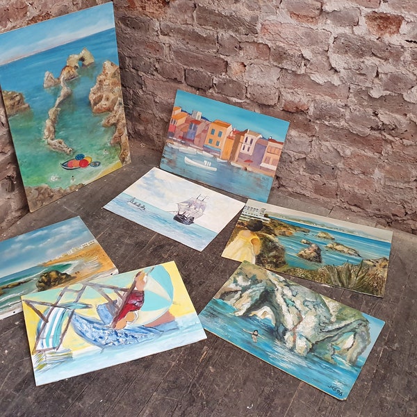 Collection of 7 Nautical Sea Beech B&B Wall Décor Vintage Oil and Acrylic Paintings on Board. 1970’s – 90’s