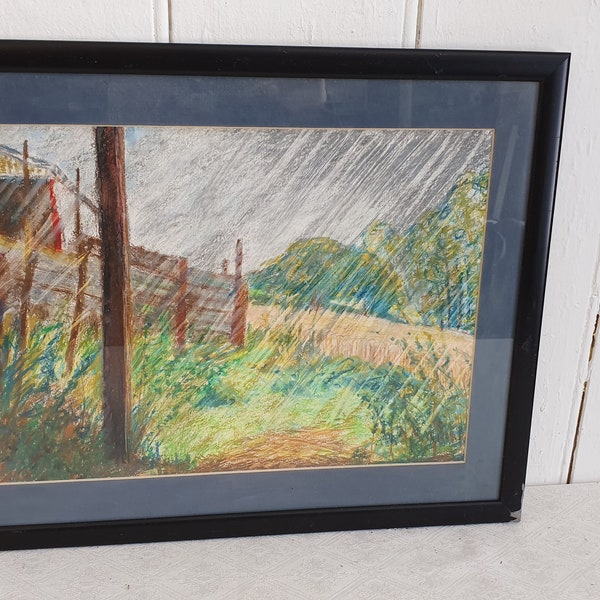 Vintage Original Oil Pastel Painting by Anthony Campion Countryside Landscape in Glazed Wooden Frame
