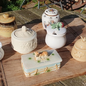 May include: A collection of six ceramic honey pots with various designs. The pots are arranged on a wooden table. The designs include a beehive, a cow, a bunch of grapes, and a floral pattern. The pots are all in shades of white, brown, and beige.