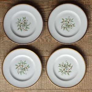 May include: Four white ceramic plates with a gold rim and a floral design. Each plate features a central illustration of white flowers with green leaves on a brown branch. The plates are arranged on a wooden surface.
