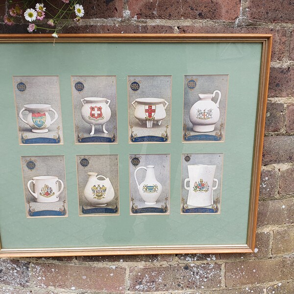 Very Large Crested China Vintage Goss Collection of Colour Prints Porcelain Jugs Cups British Coat of Arms Crest Wood Frame